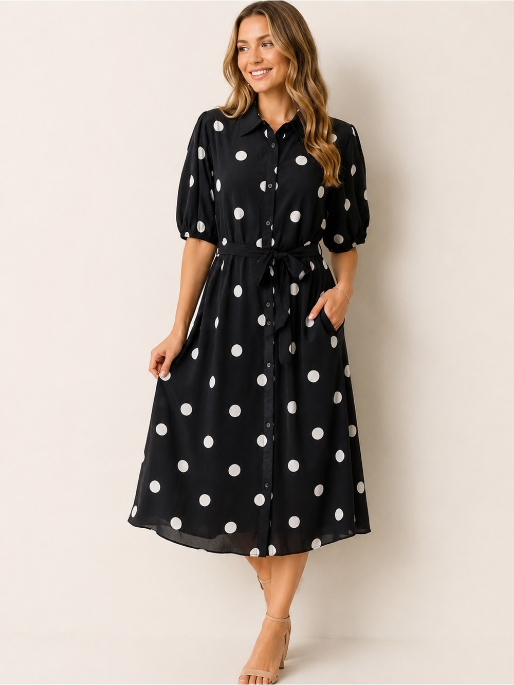 NWT A New Day Black & White Polka Dot Button Front Shirt Dress XL | Tie Waist |